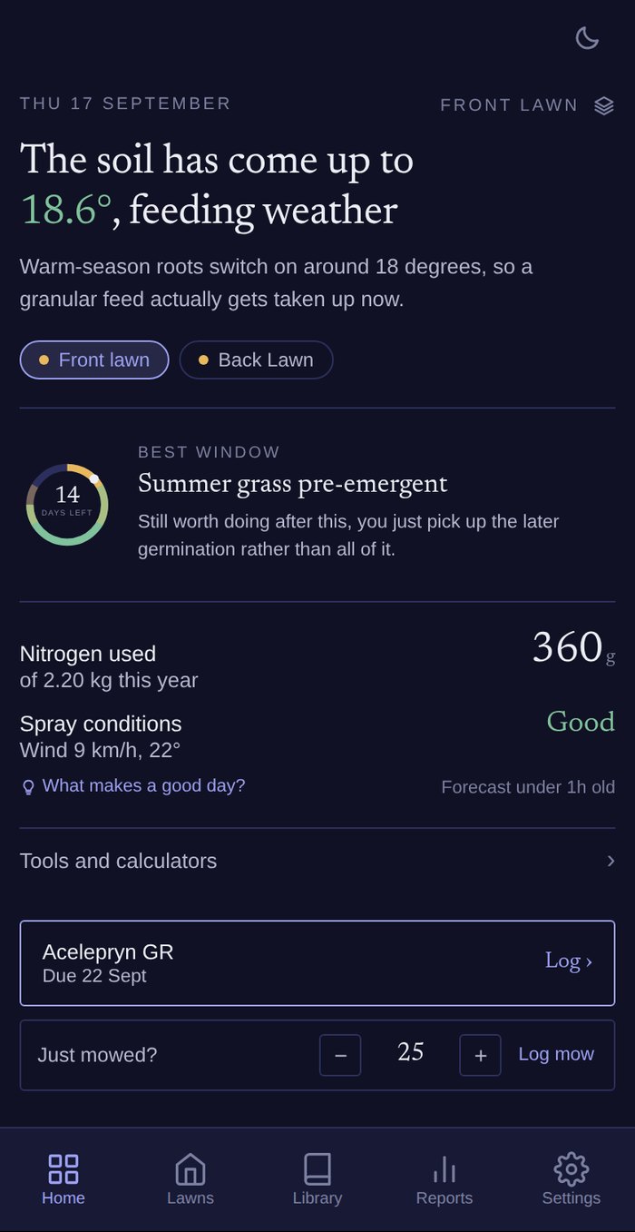 The app's home screen reading that the soil has come up to 18.6 degrees, feeding weather, with a pre-emergent window counting down and spray conditions rated good